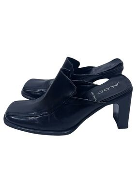 Aldo Black Leather Vintage Square-Toe Mule Heels with Block Heel 37